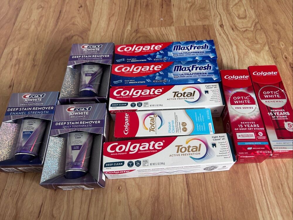 Bundle of toothpaste 10 different types and expiration dates Colgate creat